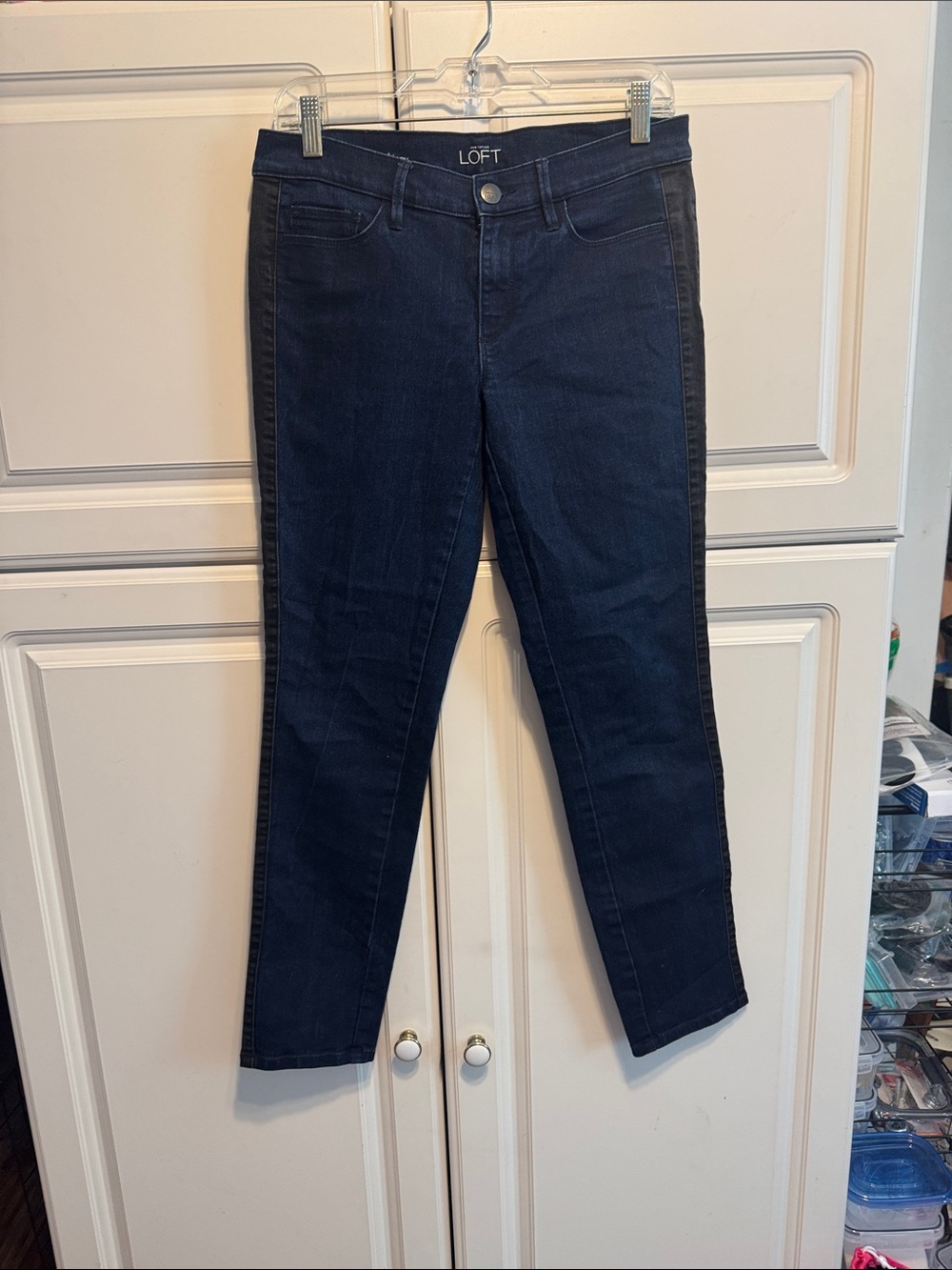 LOFT Dark Navy Stretch Skinny Jeans with tuxedo black stipe down the side